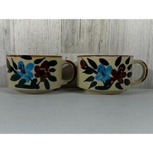 Capodimonte Stackable Soup Mugs Speckle Stoneware Hand Painted Floral Set of 2